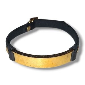 Madewell Gold Tone ID Plaque Black Faux Leather Adjustable Cuff Bracelet Boho